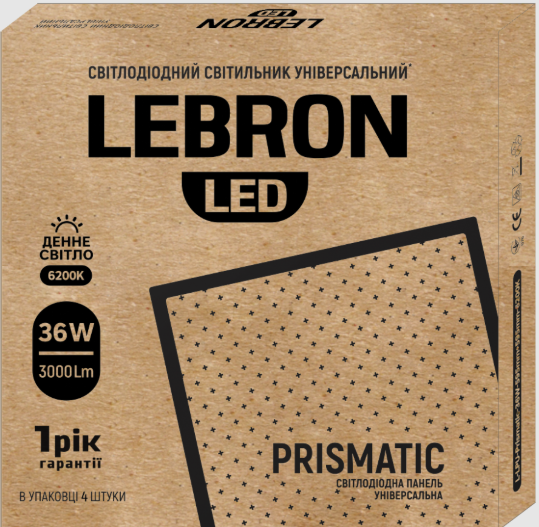 LED св-к LEBRON L-LPU-Prismatic, 36W, унів., 595*595mm, 6200K, 3000Lm